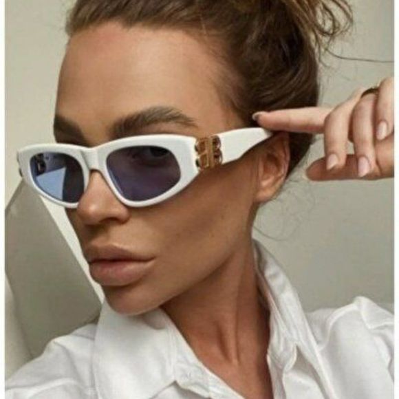 Balenciaga BB0095S 004 Sunglasses White Gold Logo Light Blue Cat Eye Unisex